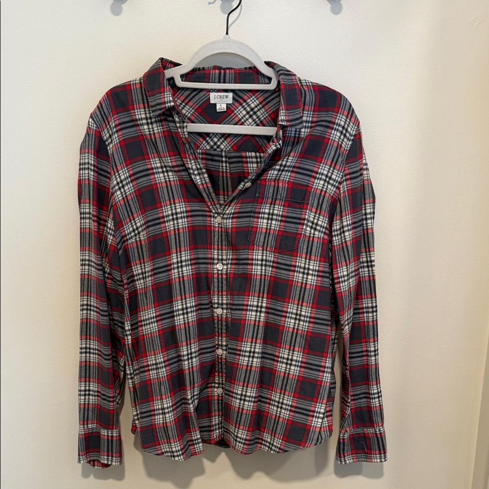 J. Crew Men's Red, Black, and White Plaid Shirt